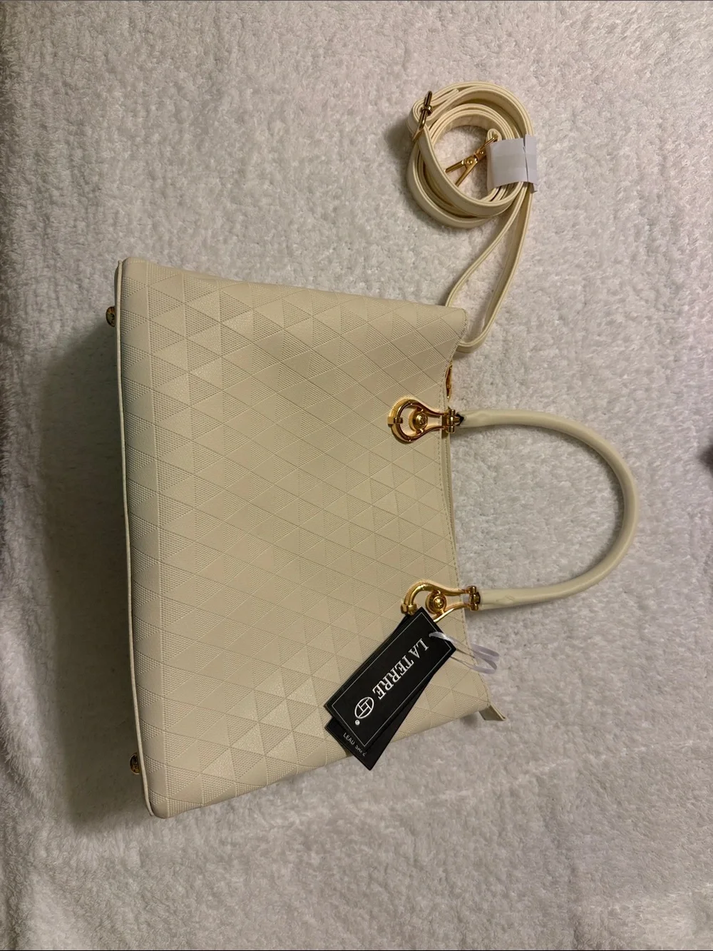 LAMTREX Cream Textured Satchel with Gold Hardware